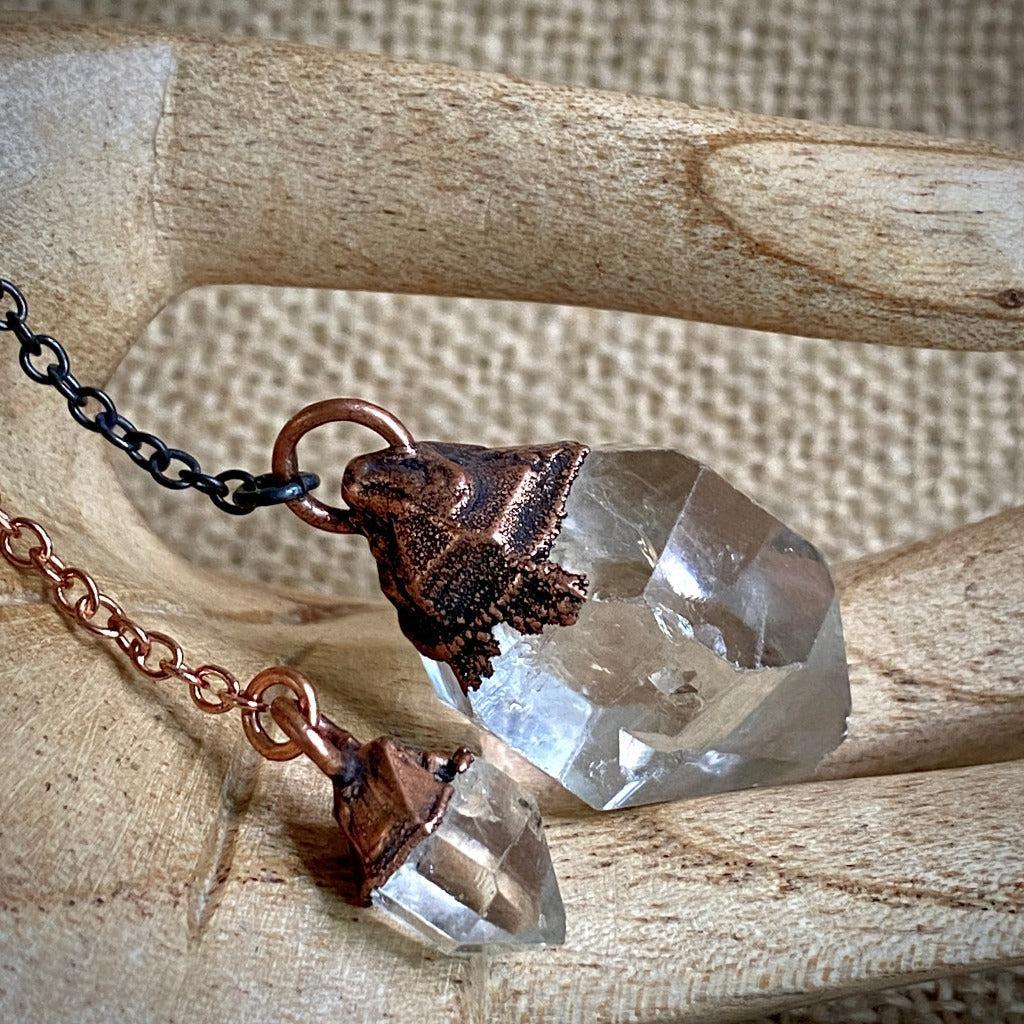 Tibetan Quartz Crystal Pendulum, Electroformed, Copper Oxidized Chain