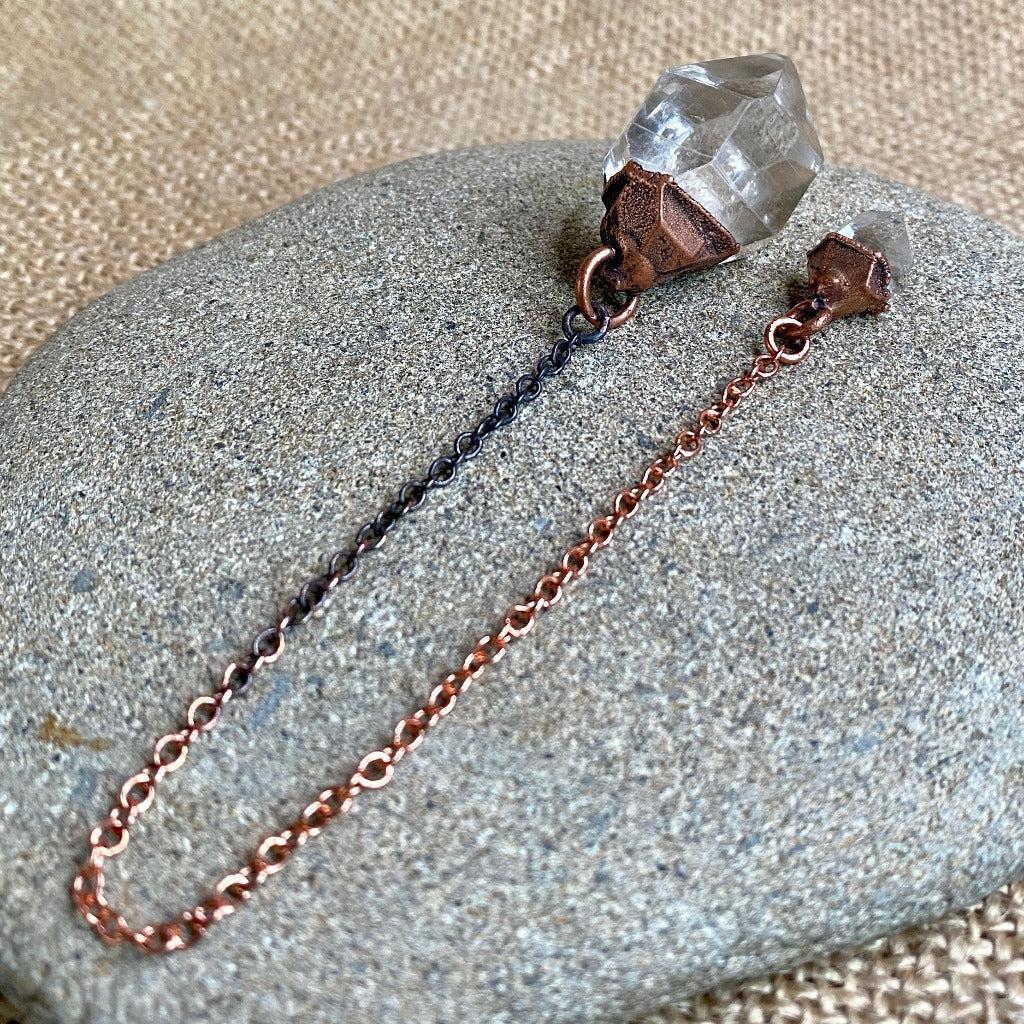 Tibetan Quartz Crystal Pendulum, Electroformed, Copper Oxidized Chain