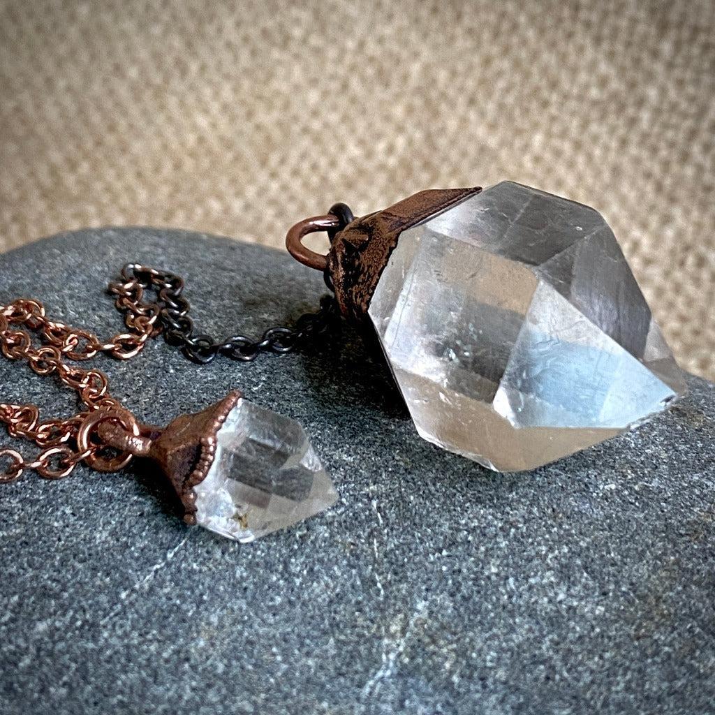 Tibetan Quartz Crystal Pendulum, Electroformed, Copper Oxidized Chain