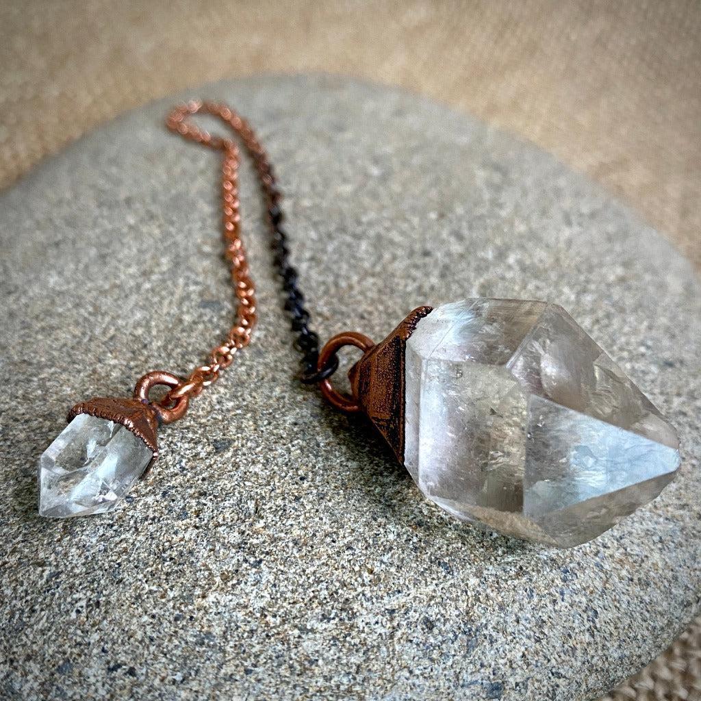 Tibetan Quartz Crystal Pendulum, Electroformed, Copper Oxidized Chain