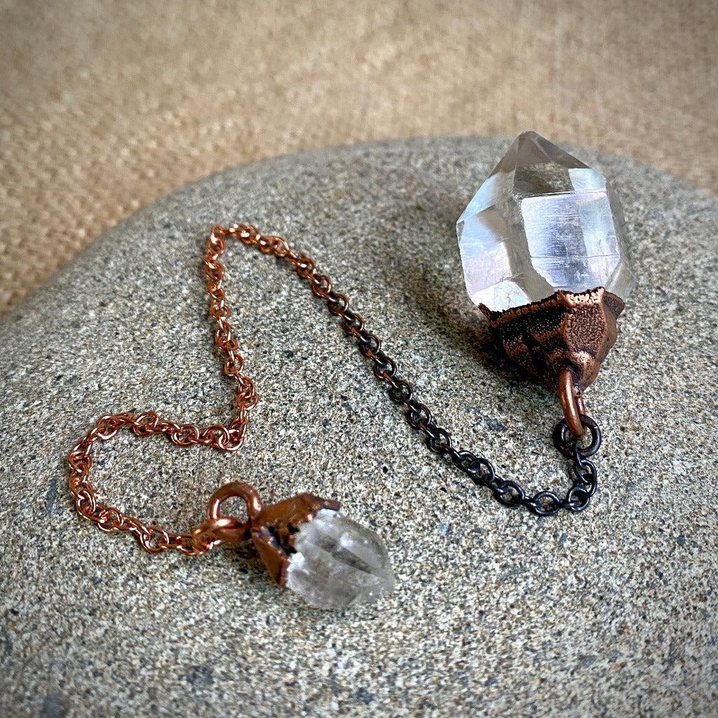 Tibetan Quartz Crystal Pendulum, Electroformed, Copper Oxidized Chain