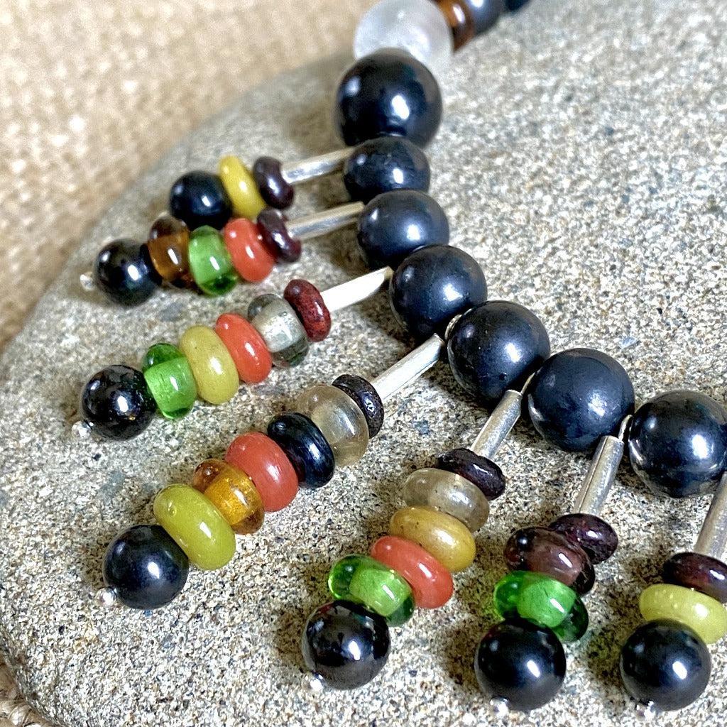 Tribal Necklace, Waterfall Style, Black Shungite & Recycled African Glass