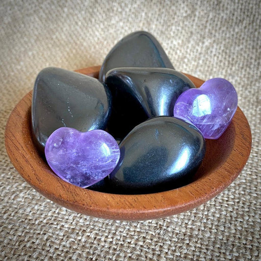 Tumbled Shungite Stones w/Amethyst Hearts In Custom Wood Bowl