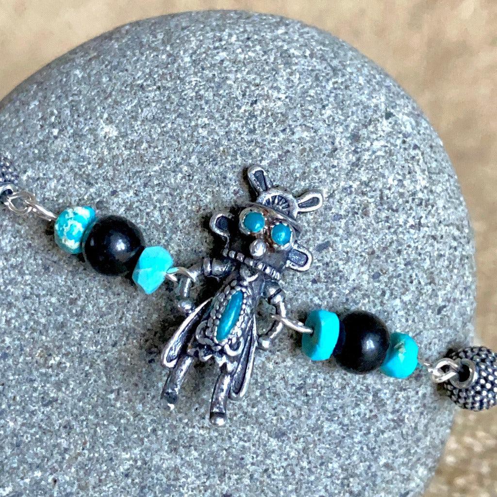 Vintage Sterling Kachina Bracelet with Genuine Turquoise, Shungite Beads