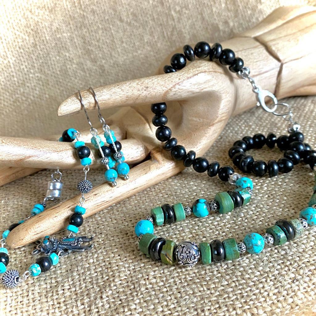 Vintage Sterling Kachina Bracelet with Genuine Turquoise, Shungite Beads