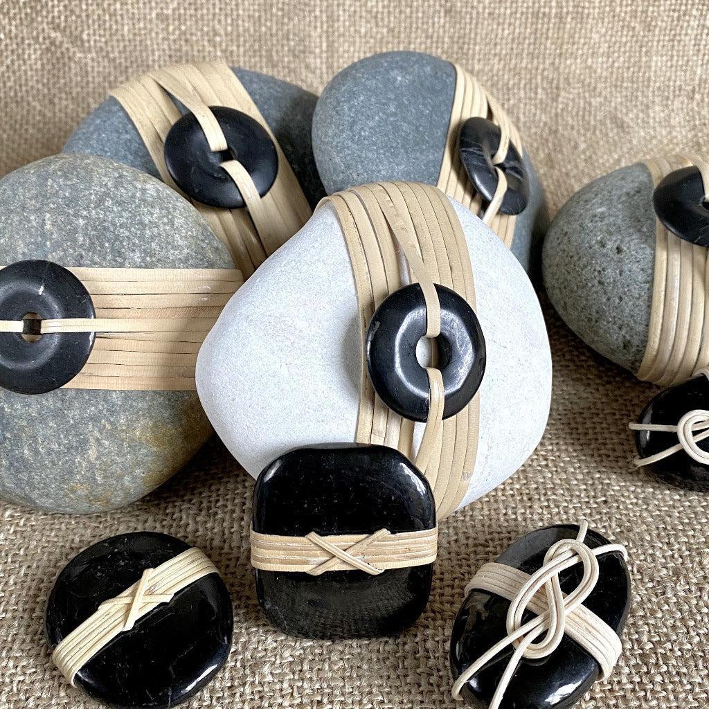 Wrapped Rock, Shungite Donut, Natural Cane, Gray, Flat