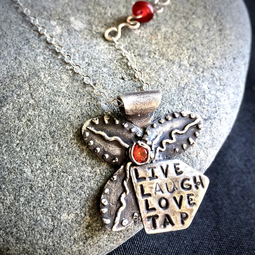 "Live Laugh Love Tap" Tapping Necklace, Flower With Red Agate Bead, Fine Silver, Sterling Chain - Shungite Queen
