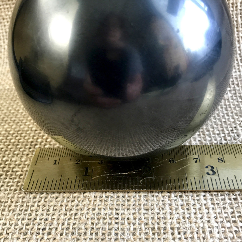 Genuine Black Shungite Sphere, 75mm, 3 Inch, Custom Mahogany Stand - Shungite Queen