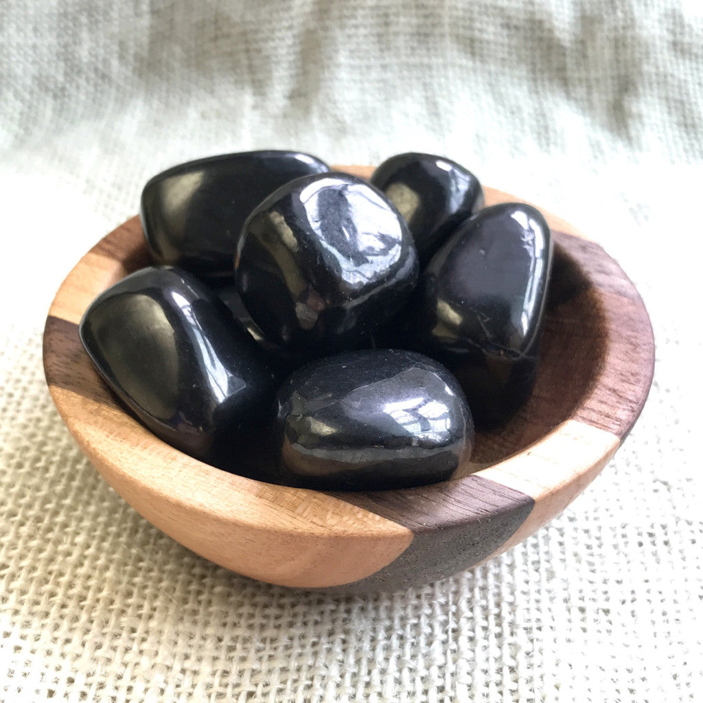 Tumbled Black Shungite Stones in Hand-turned, Laminated Wood Bowl