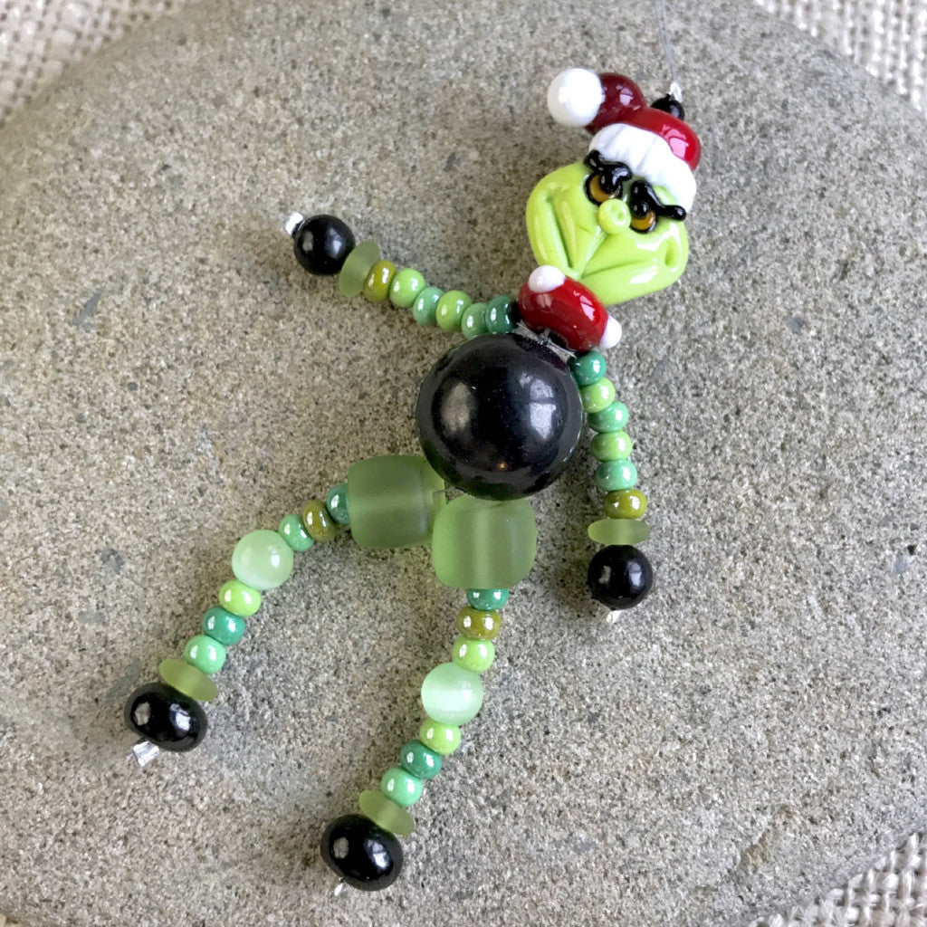 Shungite Grinch Ornament, Handmade Lampwork Glass Holiday Decor - Shungite Queen