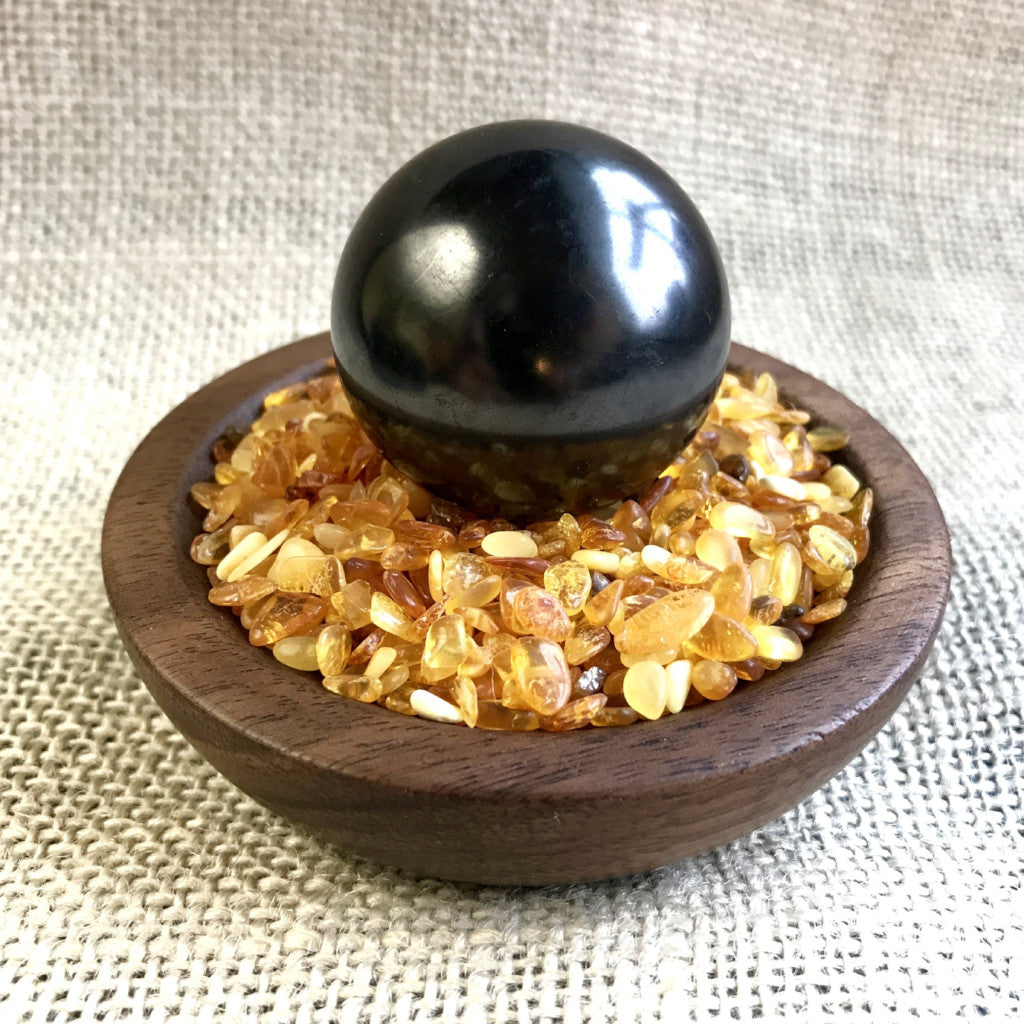 Shungite Sphere on Baltic Amber in Custom Wood Bowl, Purification - Shungite Queen