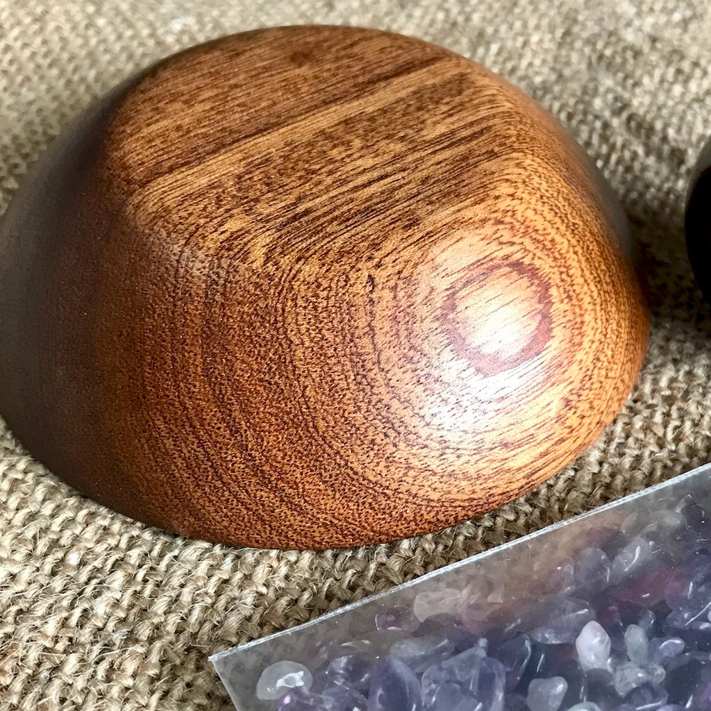 Shungite Sphere on Bed of Tumbled Amethyst in Custom Wood Bowl, EMF - Shungite Queen