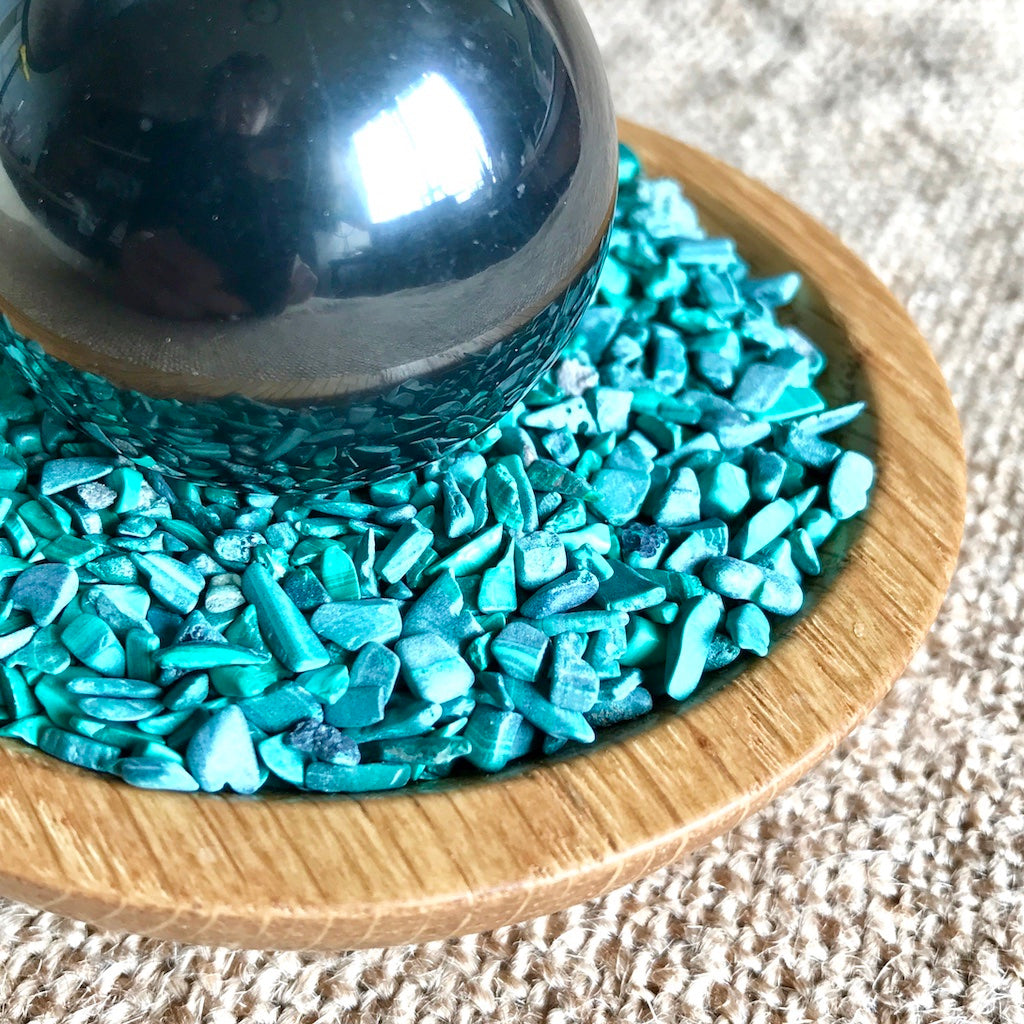 Shungite Sphere on Bed of Tumbled Malachite in Custom Wood Bowl - Shungite Queen