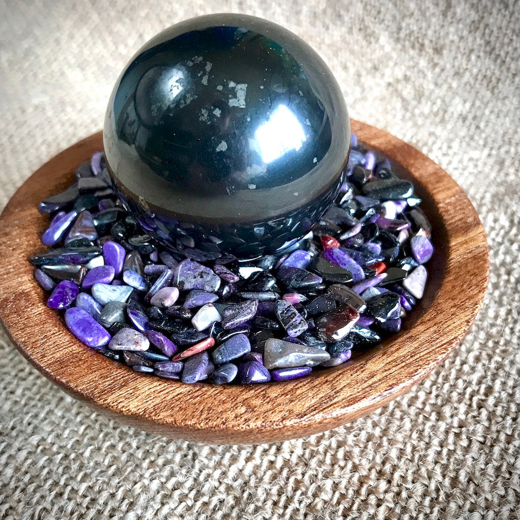 Shungite Sphere on Micro Tumbled Sugilite in Custom Wood Bowl - Shungite Queen