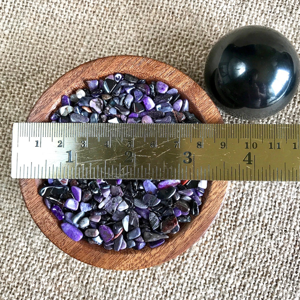 Shungite Sphere on Micro Tumbled Sugilite in Custom Wood Bowl - Shungite Queen