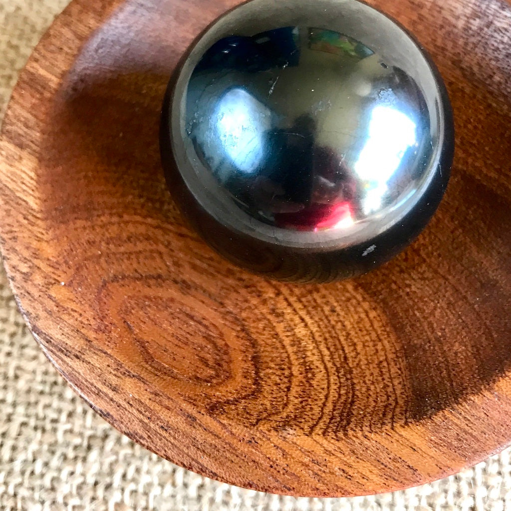 Shungite Sphere on Tumbled Rose Quartz in Custom Mahogany Bowl
