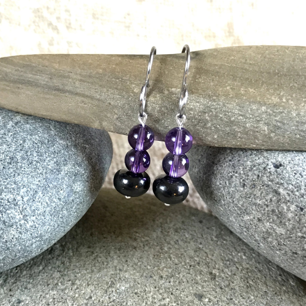Shungite & Amethyst Earrings, EMF Protection, Intuition, Imagination - Shungite Queen