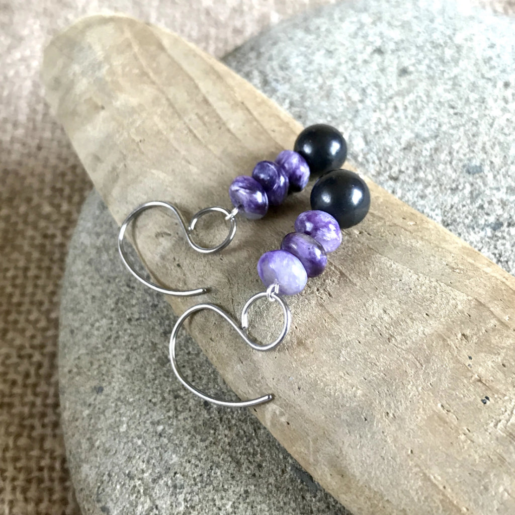 Charoite & Shungite Earrings, Protection, Courage, Transformation