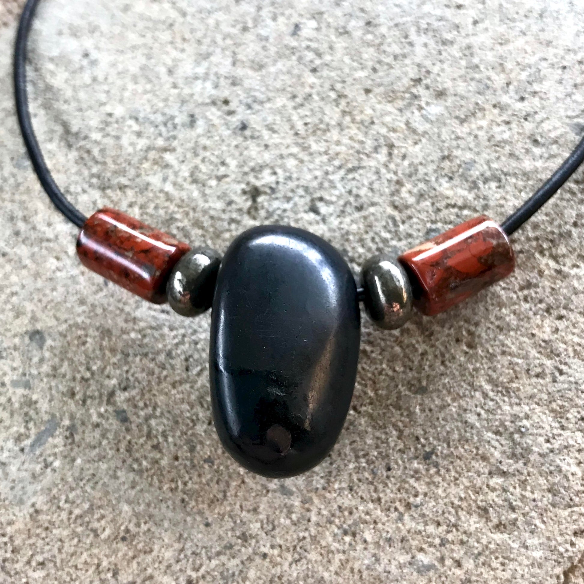 Shungite Necklace With Poppy Jasper and Pyrite Beads, Root Chakra - Shungite Queen