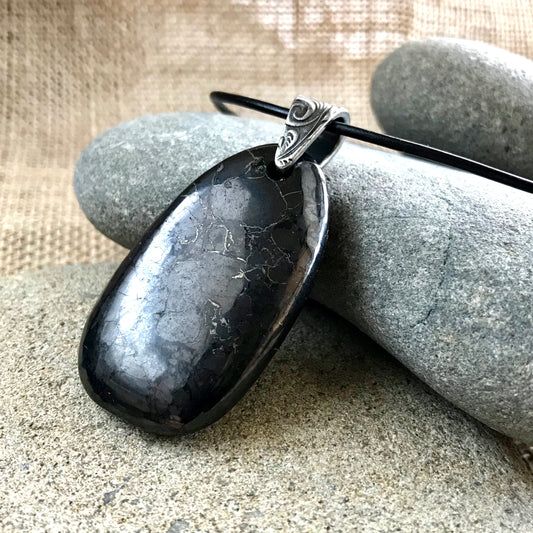 Large Black Shungite Medallion Pendant on Leather with Silver Bail