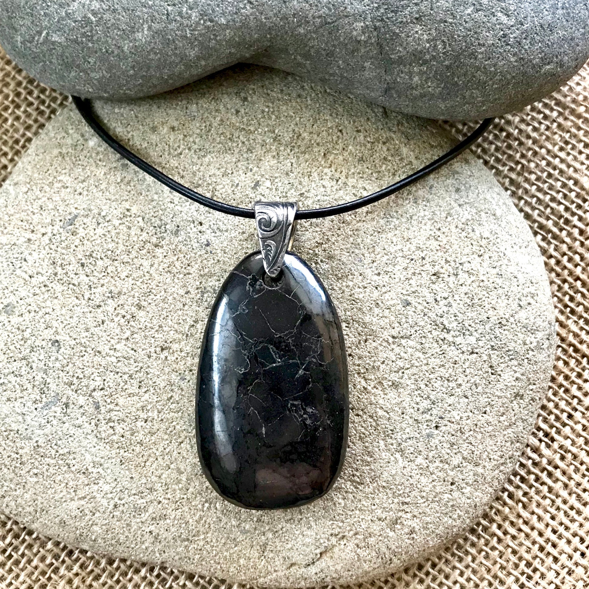 Large Black Shungite Medallion Pendant on Leather with Silver Bail