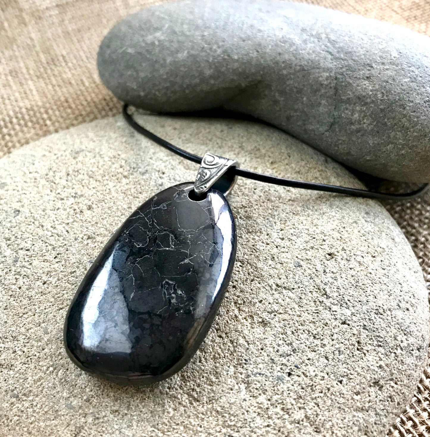 Large Black Shungite Medallion Pendant on Leather with Silver Bail