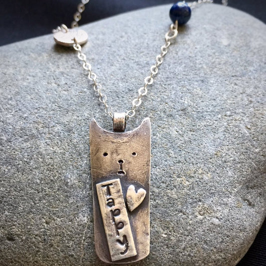 Tapping Necklace, EFT, Whimsical Cat Pendant, Fine Silver With Sodalite Beads, "Tappy Cat" - Shungite Queen