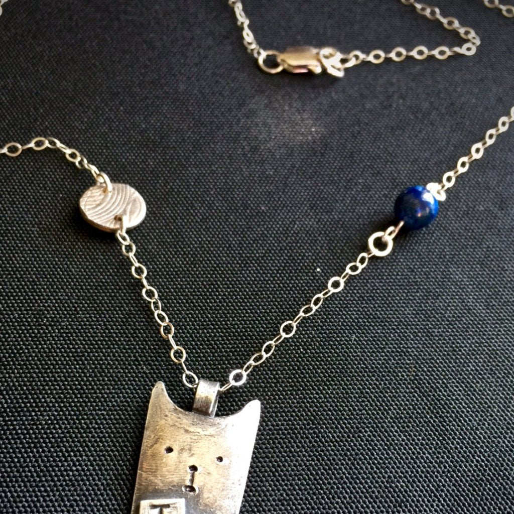 Tapping Necklace, EFT, Whimsical Cat Pendant, Fine Silver With Sodalite Beads, "Tappy Cat" - Shungite Queen